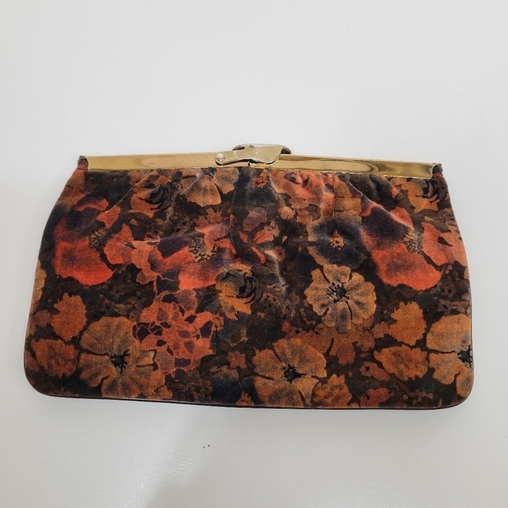 VTG Floral Fabric Unique Opening Bag Clutch Brown Orange Black Flora Gold Strap - Picture 11 of 17